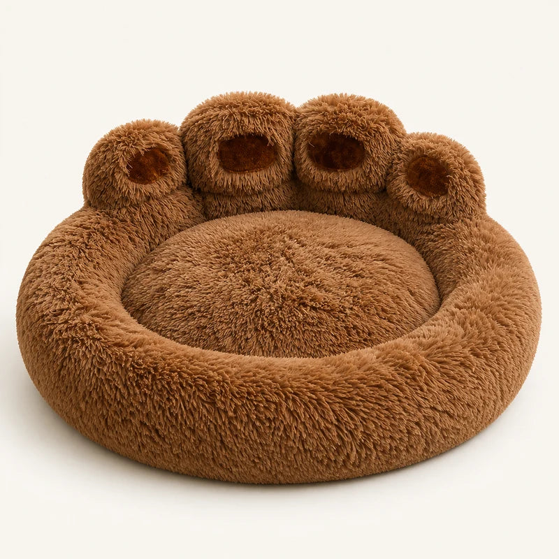 Panier rond cocooning café pour chien en peluche douce, vue studio | KALMO
