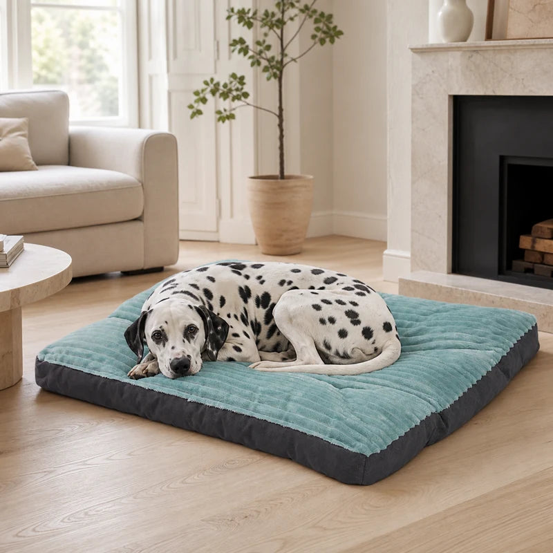 Dalmatien couché sur un tapis de couchage hiver chien vert forêt | KALMO