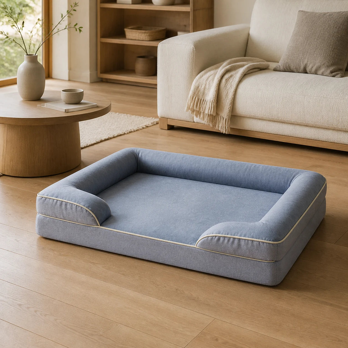 Panier orthopédique chien gris clair dans un salon japandi | KALMO