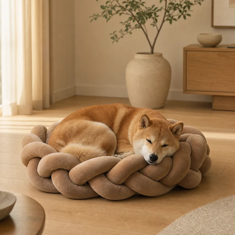 Shiba Inu blotti dans un panier tressé artisanal pour chien | KALMO