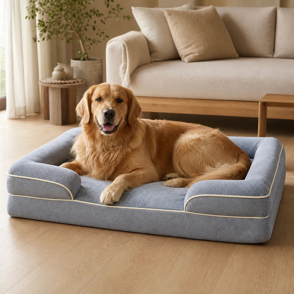 Golden Retriever couché dans un panier mémoire de forme gris | KALMO