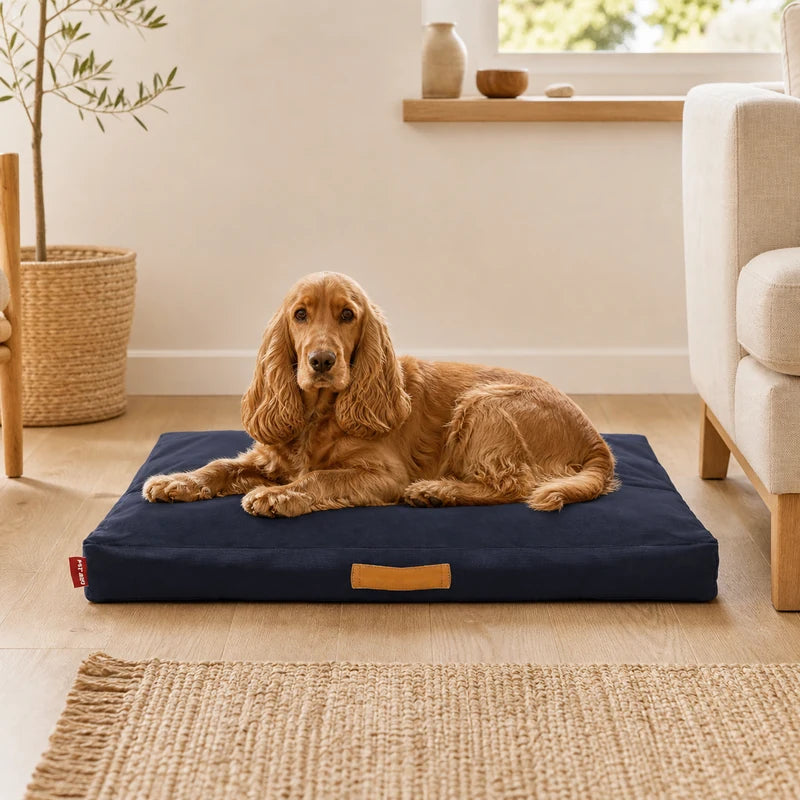 Cocker couché sur un tapis Oxford bleu marine pour chien | KALMO