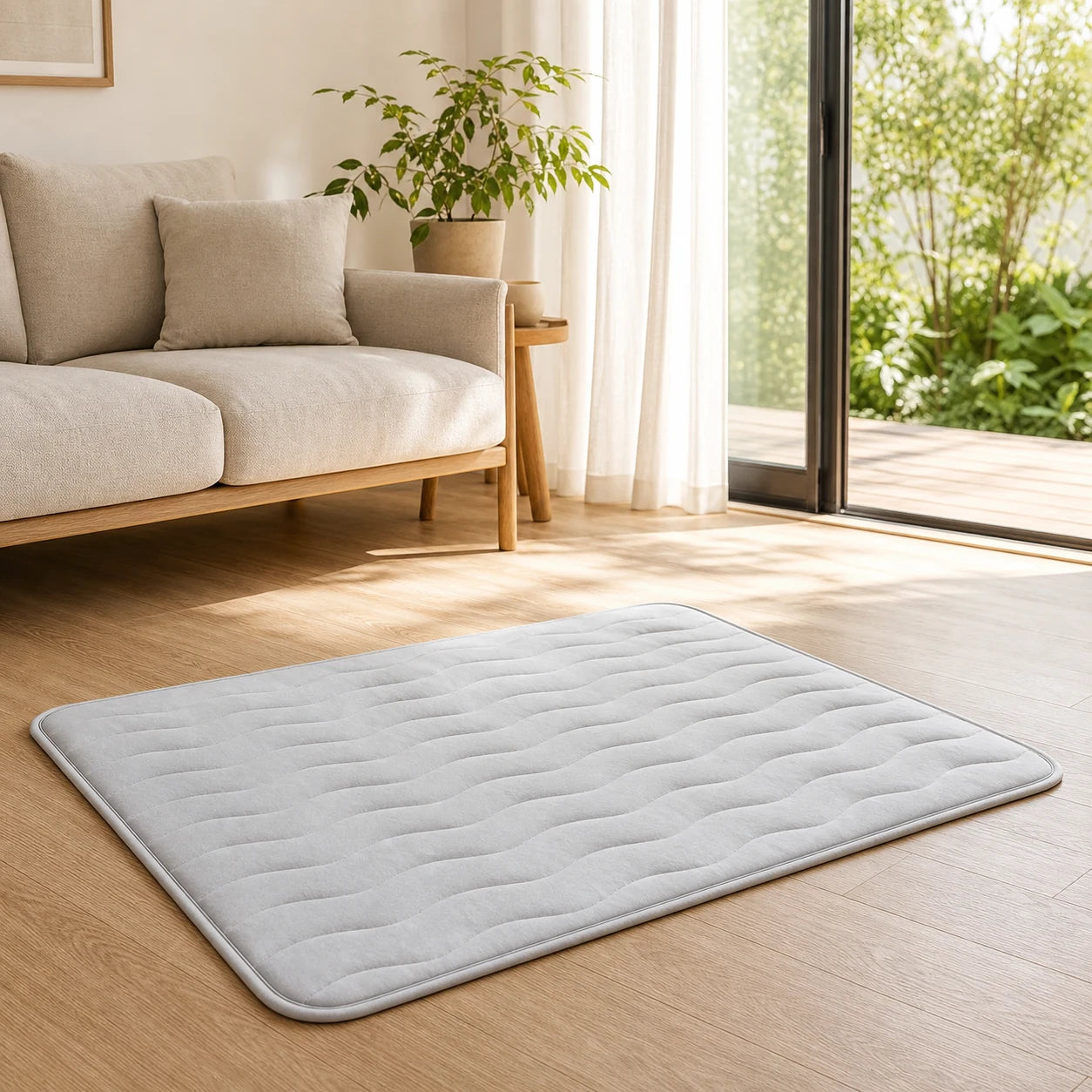 Tapis rafraîchissant chien gris posé dans un salon | KALMO