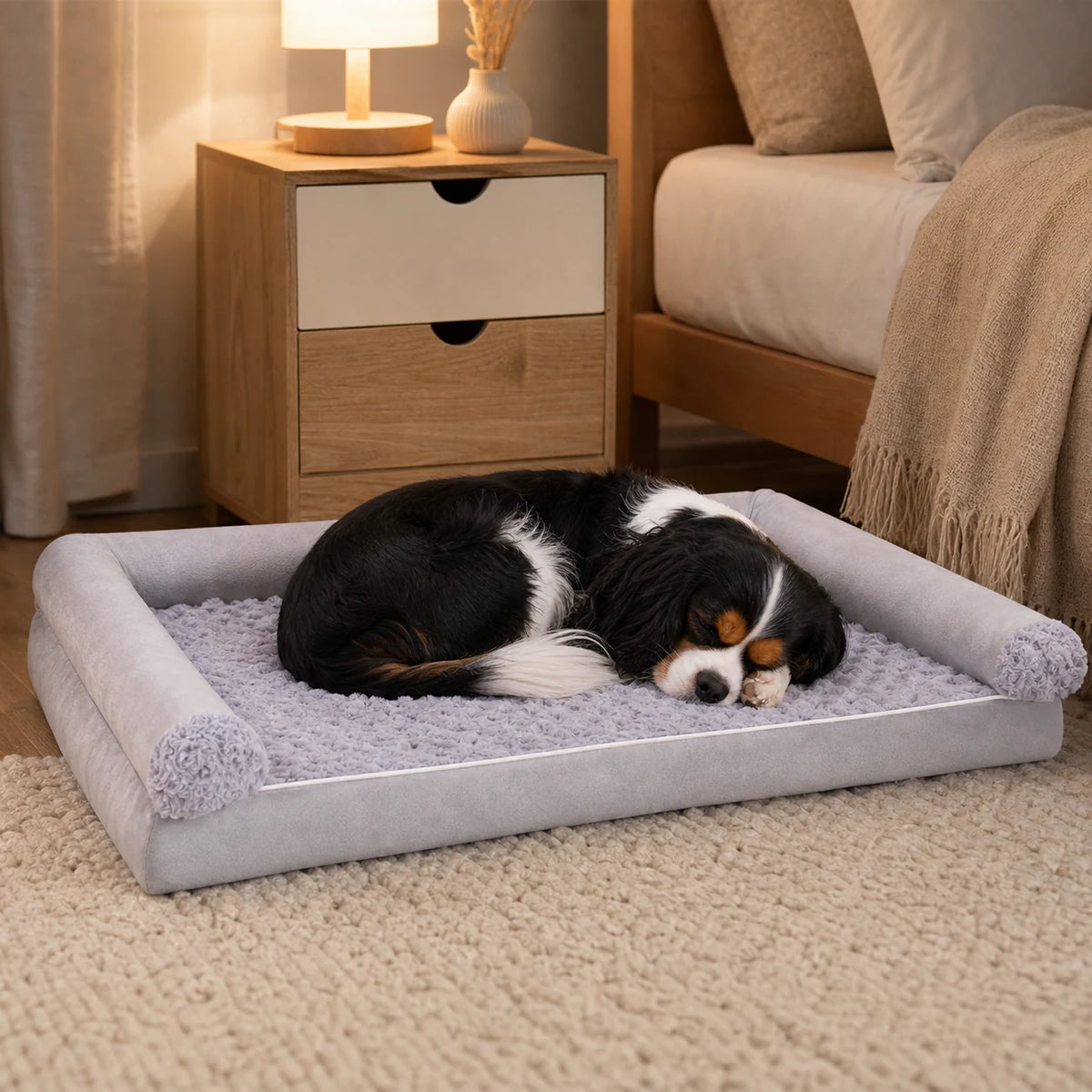 Cavalier King Charles dans un panier carré mousse gris clair | KALMO