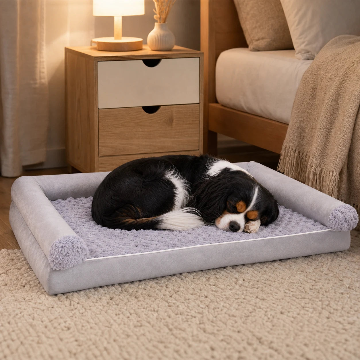 Cavalier King Charles dans un panier carré mousse gris clair | KALMO