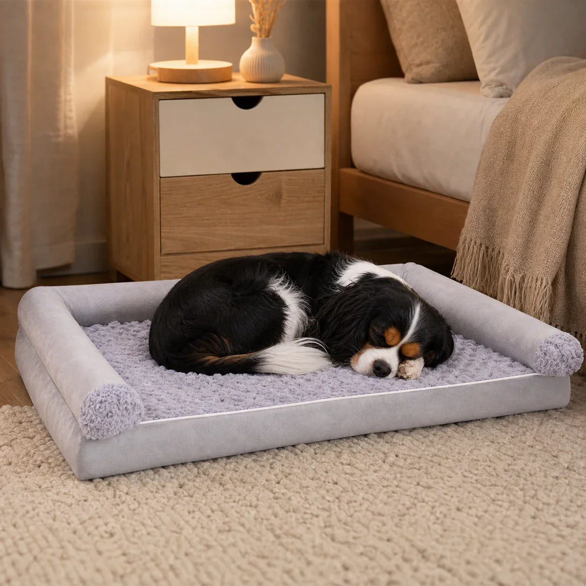 Cavalier King Charles installé dans le panier orthopédique chien gris clair