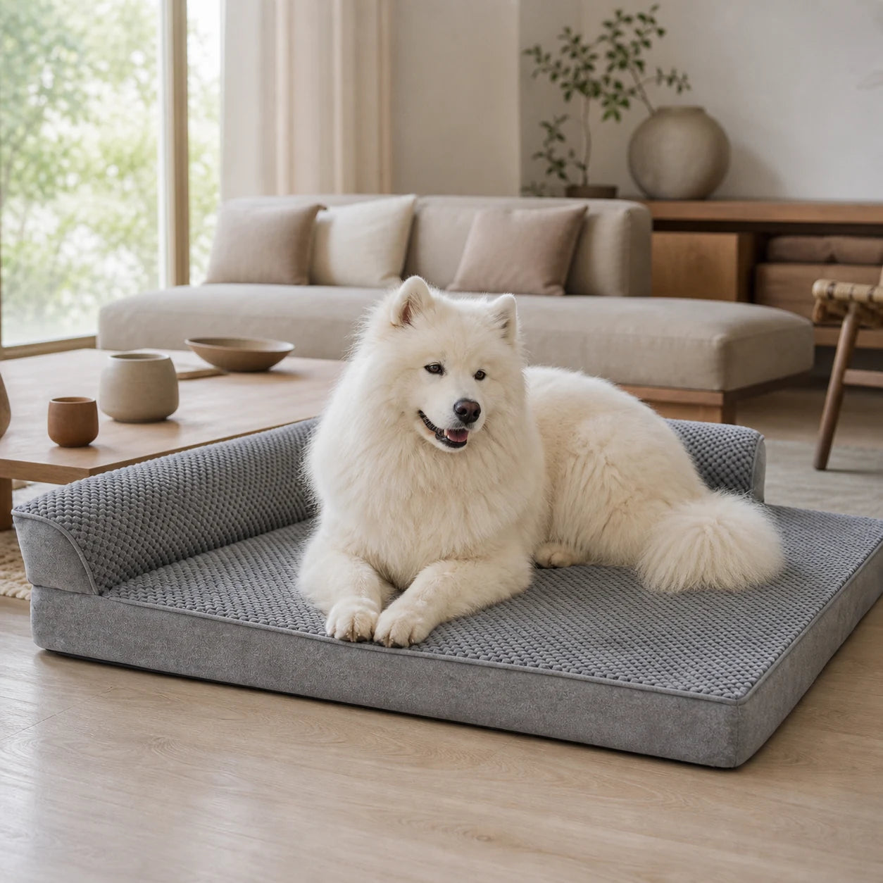 Samoyède installé dans un canapé gaufré gris clair pour chien | KALMO