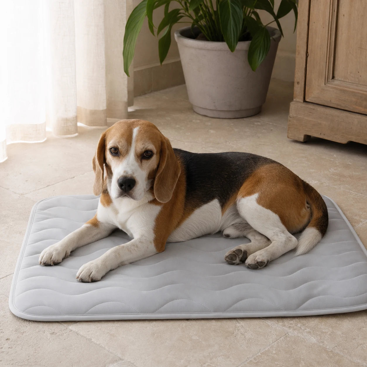 Beagle allongé sur un tapis rafraîchissant gris pour chien | KALMO