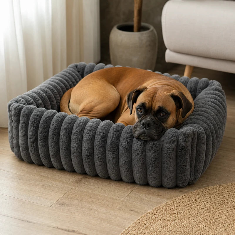 Boxer installé dans un panier velours gris rayé pour chien | KALMO