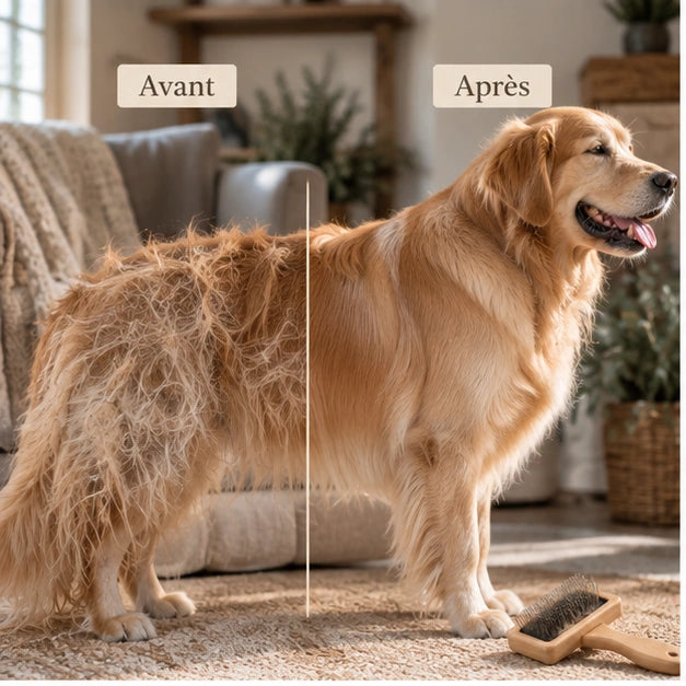 Golden Retriever avant après brossage avec la brosse carde KALMO