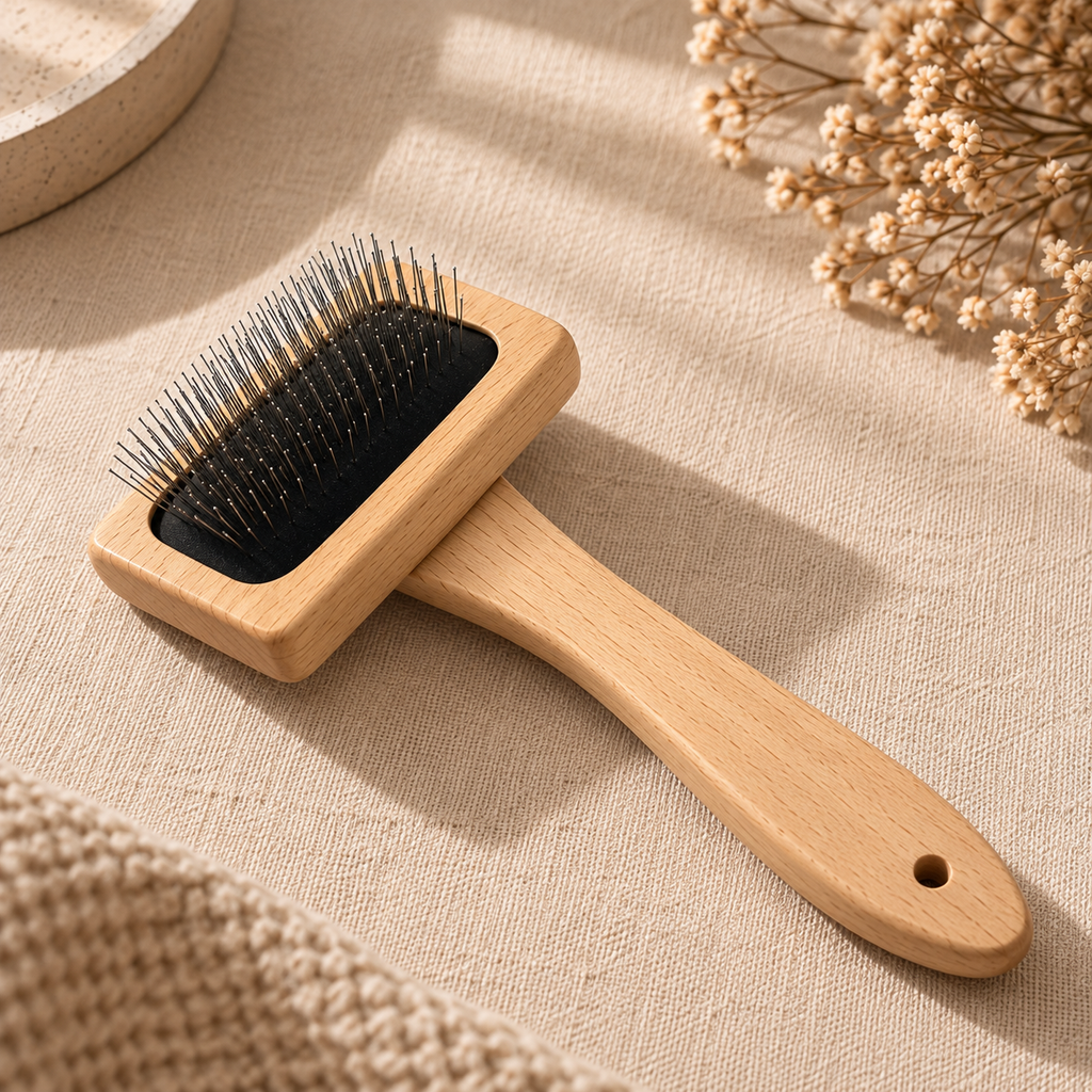 Brosse carde en bois de hêtre naturel pour chien avec picots en acier inoxydable