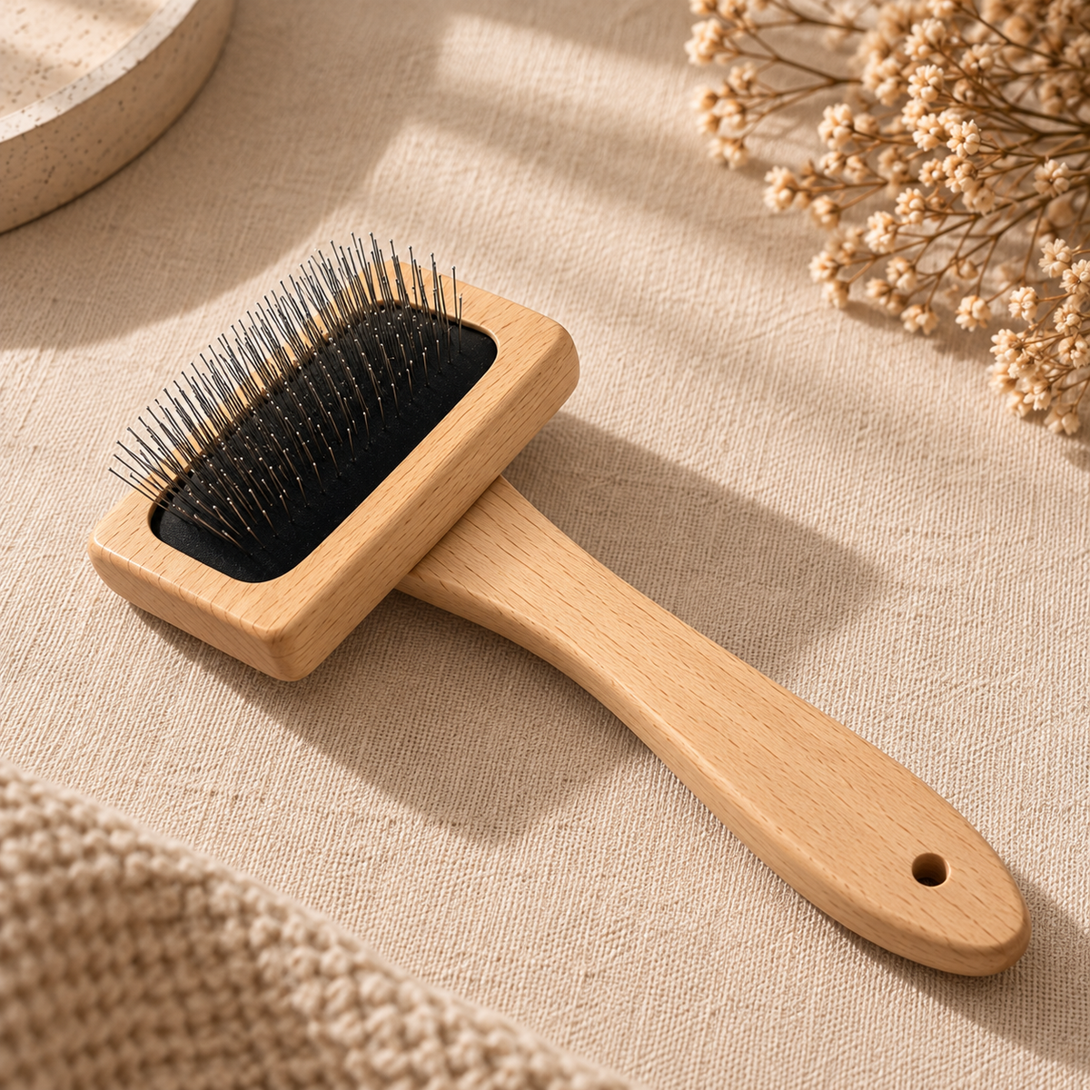 Brosse carde en bois de hêtre naturel pour chien avec picots en acier inoxydable