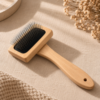 Brosse carde en bois de hêtre naturel pour chien avec picots en acier inoxydable