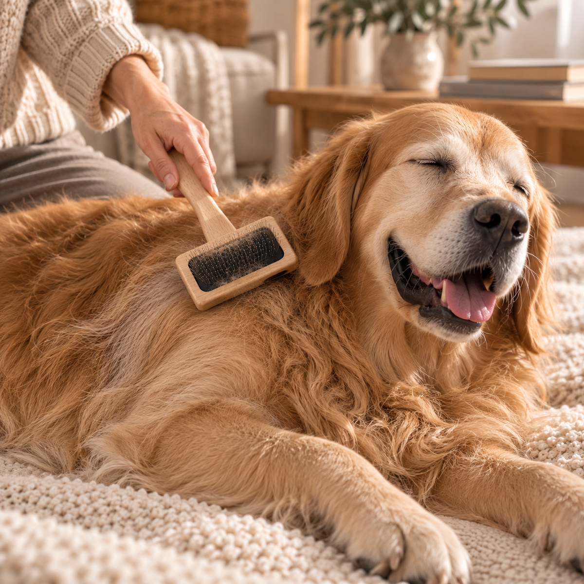 Golden Retriever se faisant brosser avec une brosse carde en bois naturel KALMO