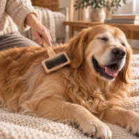 Golden Retriever se faisant brosser avec une brosse carde en bois naturel KALMO