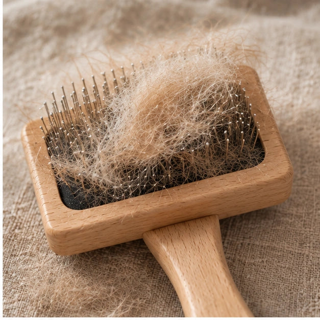 Poils de Golden Retriever récupérés sur les picots de la brosse carde KALMO