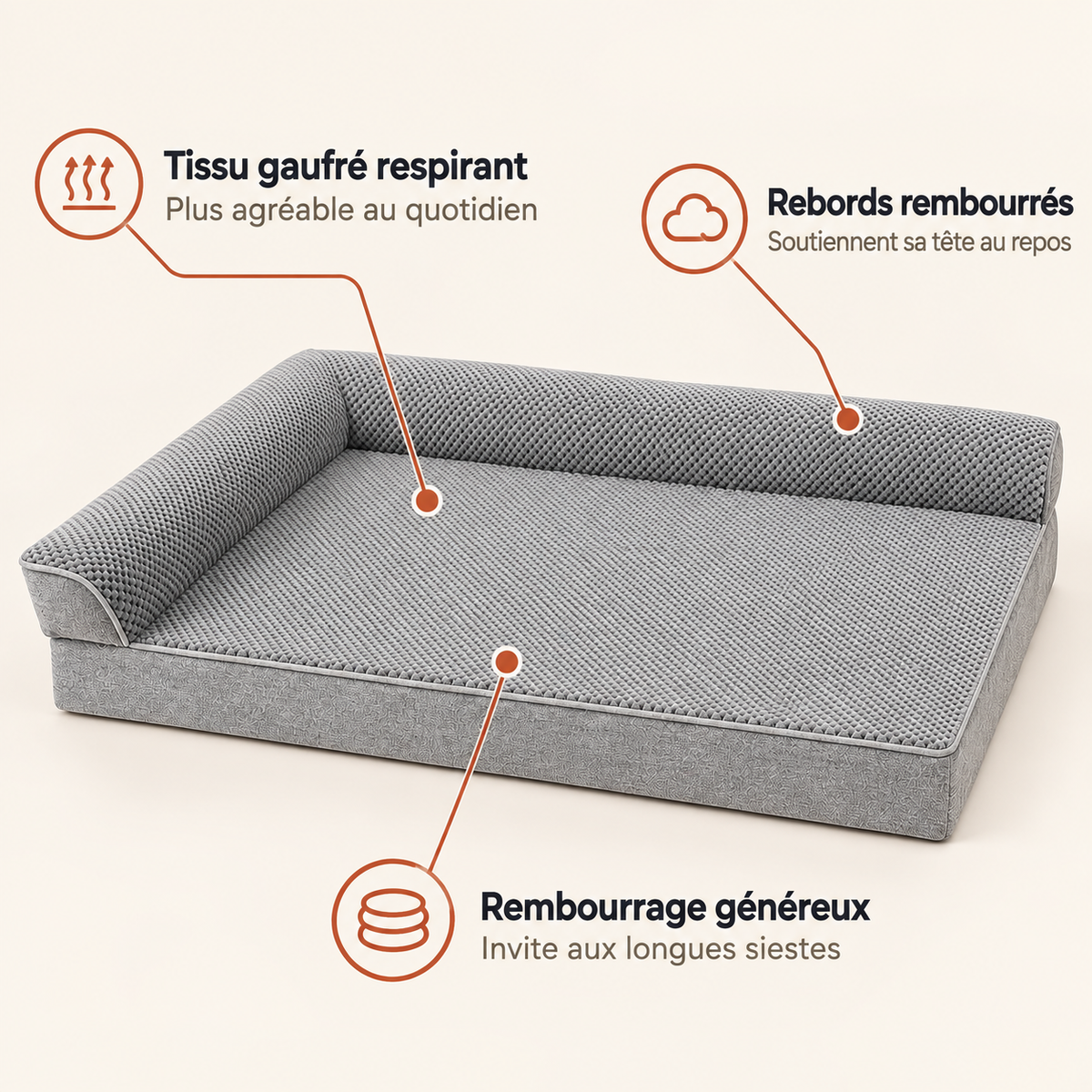 Canapé chien déhoussable gris avec tissu gaufré respirant et rebords rembourrés