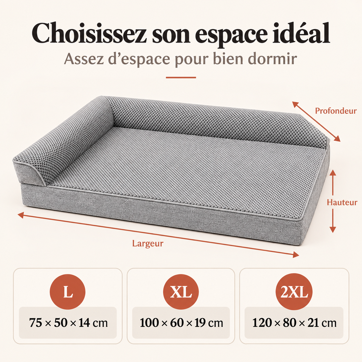 Guide des dimensions du canapé chien déhoussable