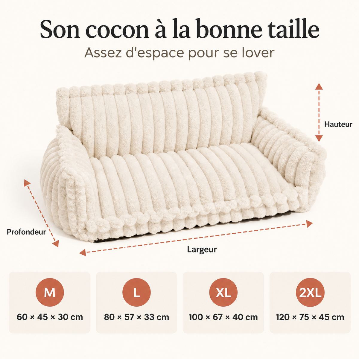 Guide des tailles du canapé chien cocooning en peluche