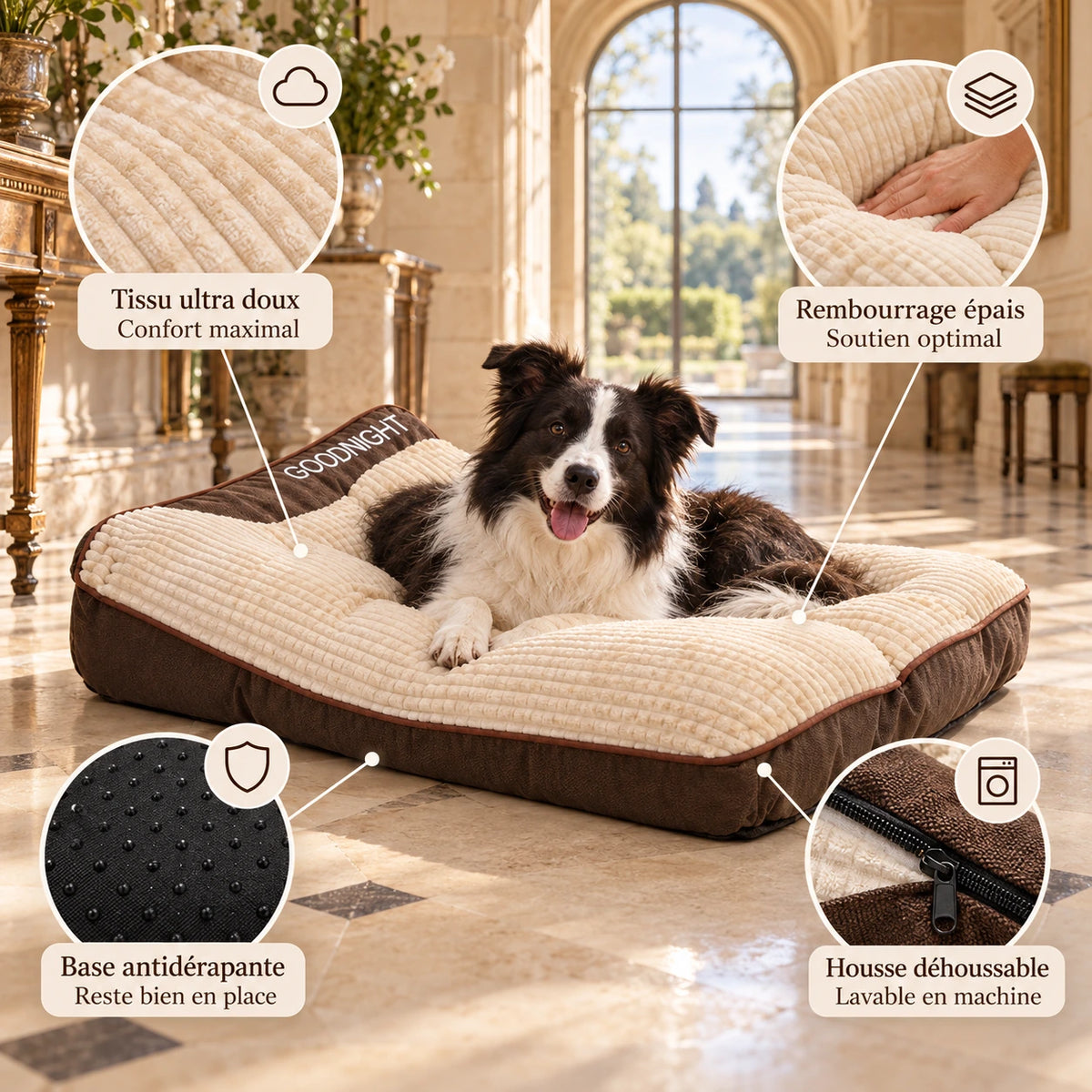 Infographie des bénéfices du lit orthopédique pour chien brun foncé GOODNIGHT avec détails confort et entretien