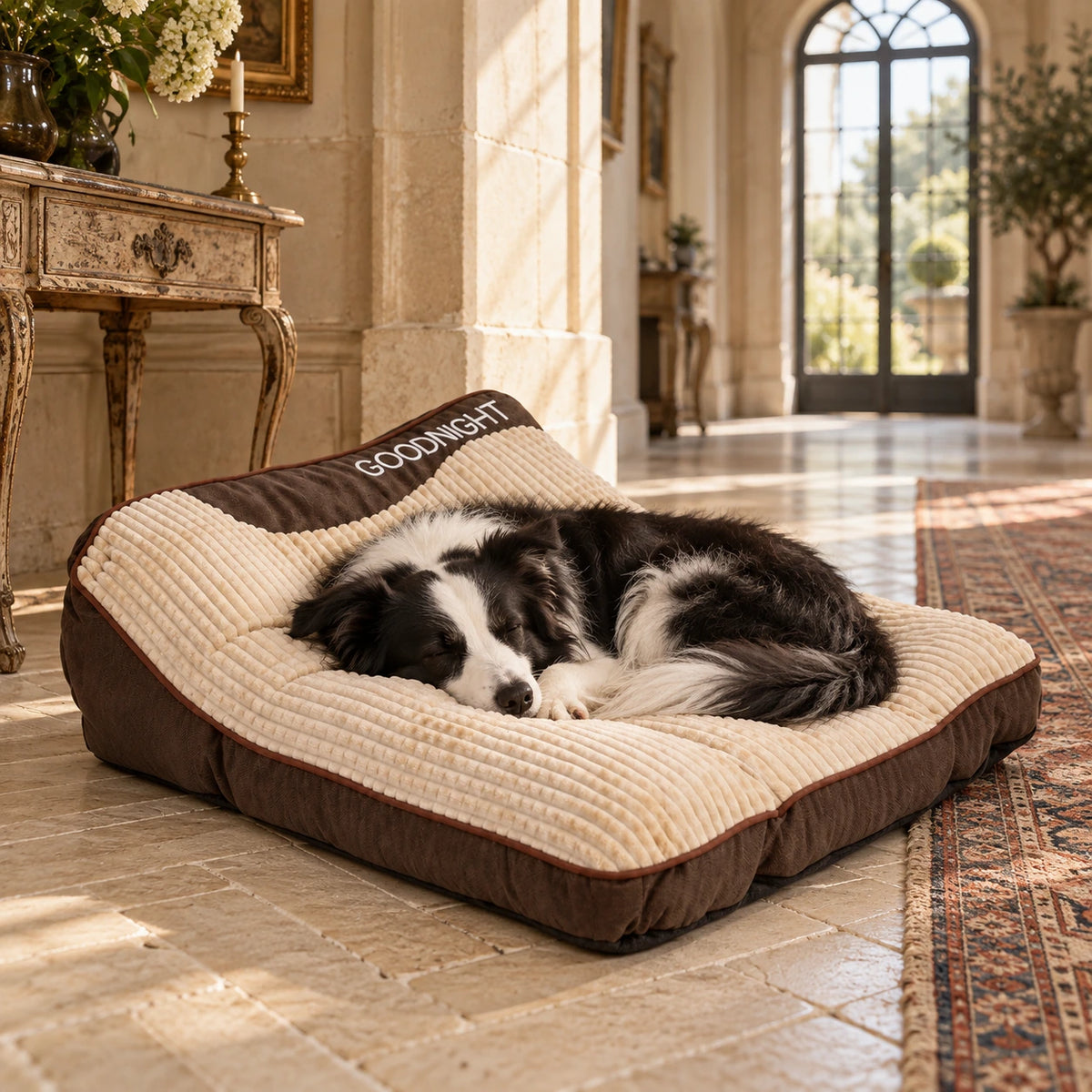 Border collie endormi dans un lit orthopédique pour chien brun foncé GOODNIGHT dans un château français