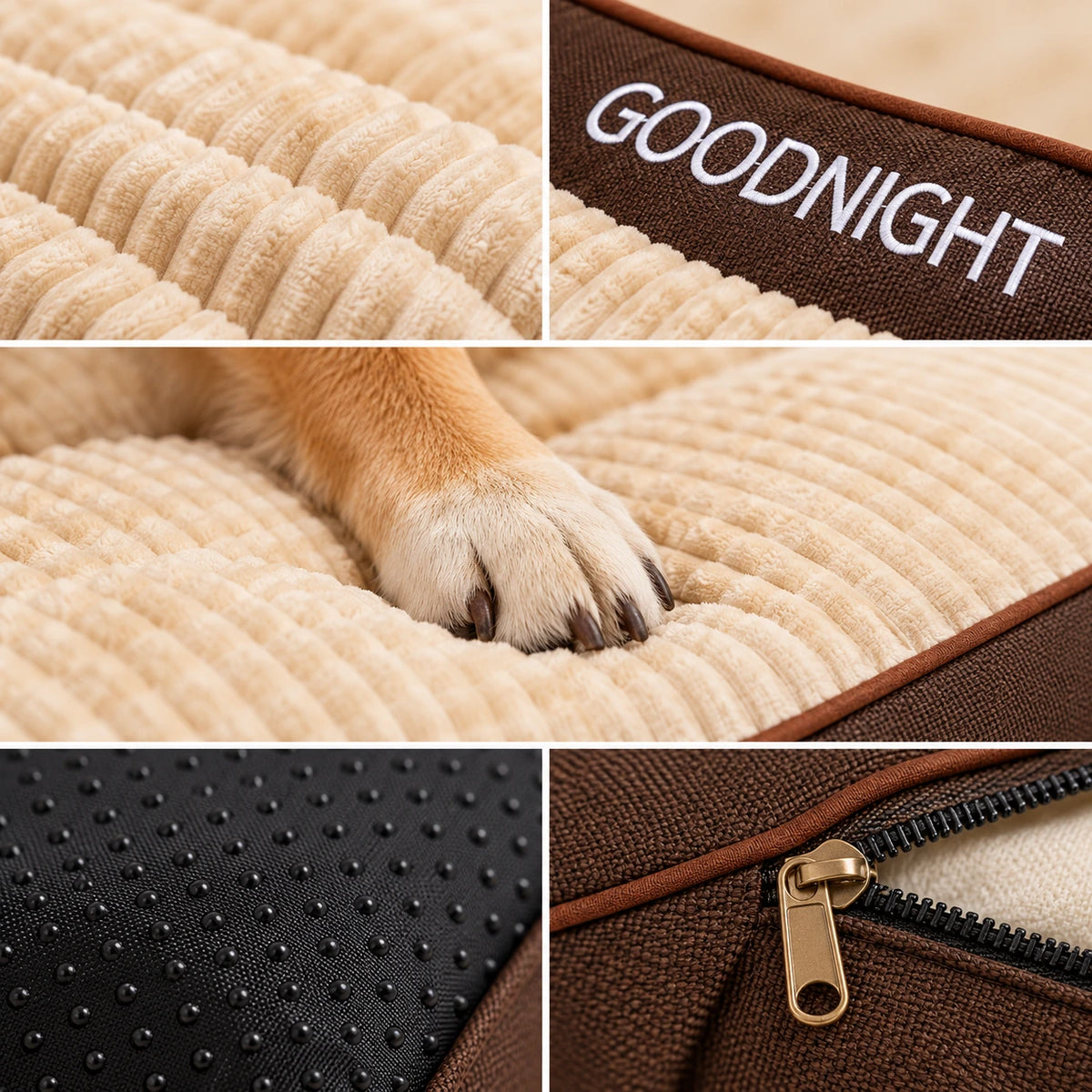 Mosaïque de détails du lit orthopédique pour chien brun foncé GOODNIGHT : tissu côtelé, broderie, base antidérapante et zip