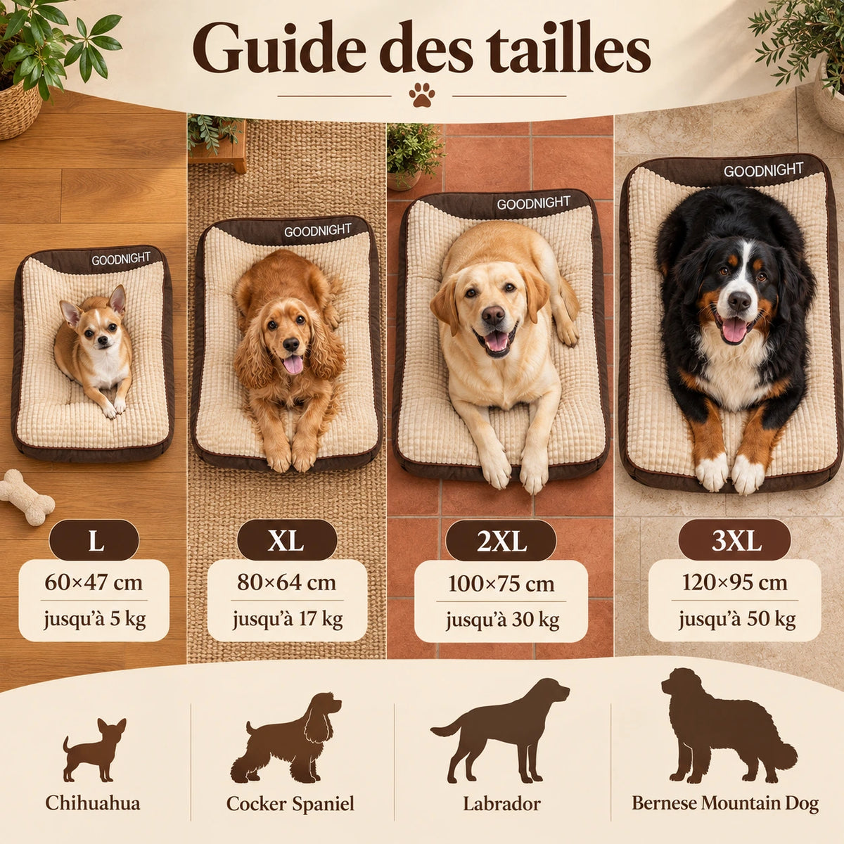 Guide des tailles du lit orthopédique pour chien brun foncé GOODNIGHT avec Chihuahua, Cocker, Labrador et Bouvier bernois