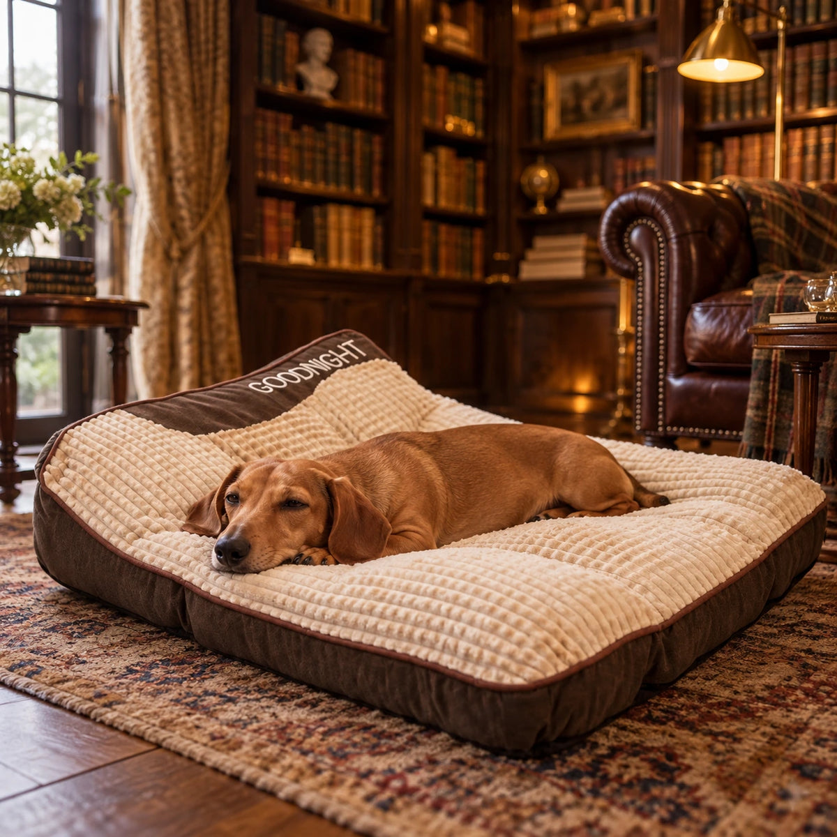 Teckel allongé dans un lit orthopédique pour chien brun foncé GOODNIGHT dans une bibliothèque de manoir