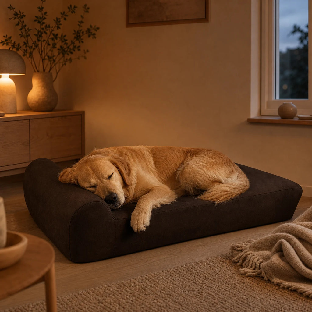 Golden Retriever endormi dans un canapé orthopédique marron pour chien | KALMO