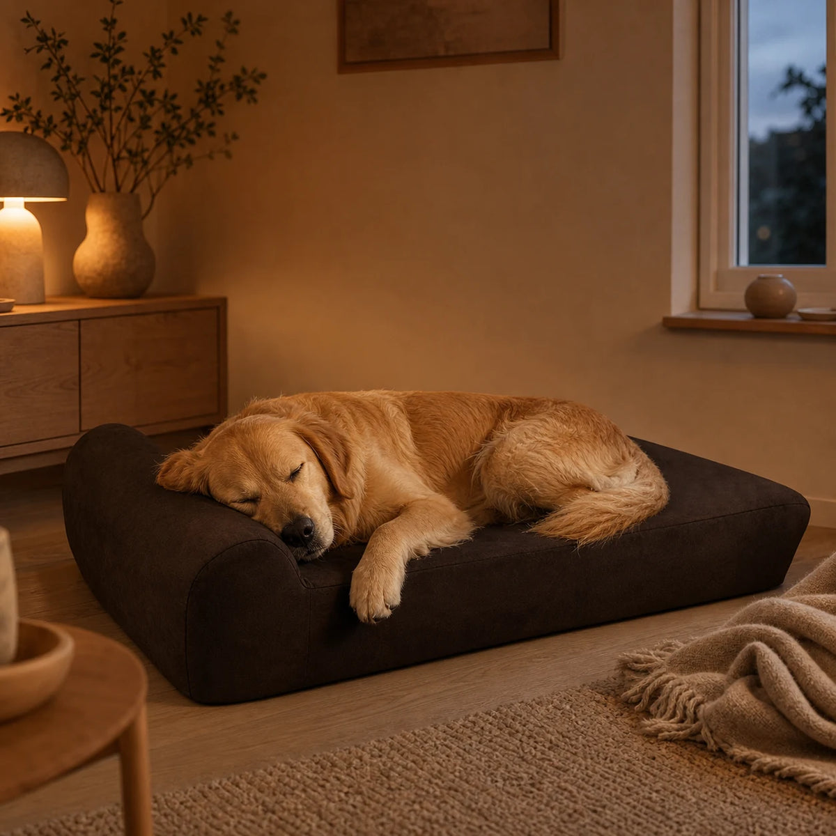 Golden Retriever endormi dans un canapé orthopédique marron pour chien | KALMO