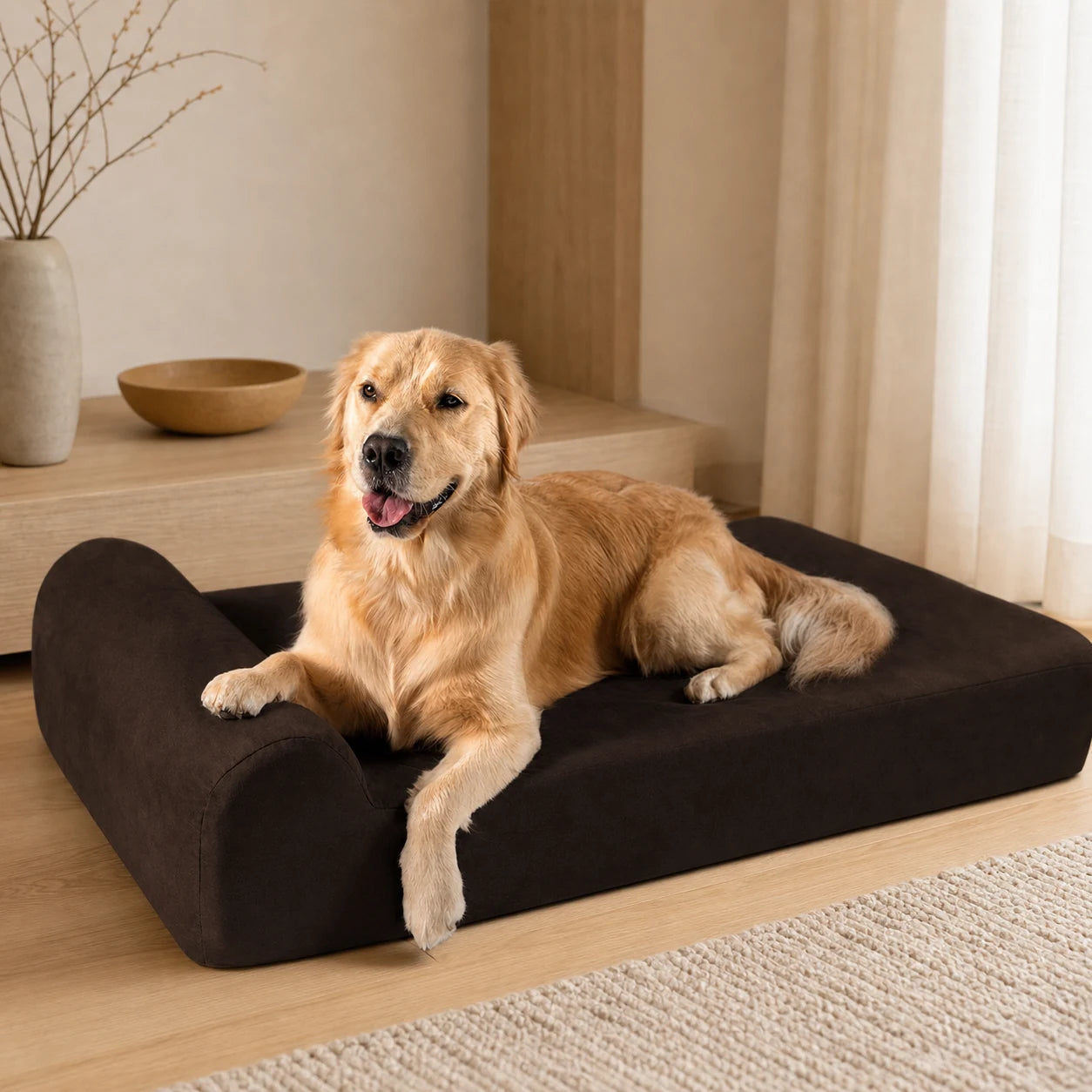 Golden Retriever couché sur un canapé orthopédique marron pour grand chien | KALMO