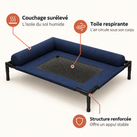 Lit surélevé bleu pour chien avec toile respirante et structure renforcée
