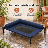 Lit surélevé pour chien installé sur une terrasse humide