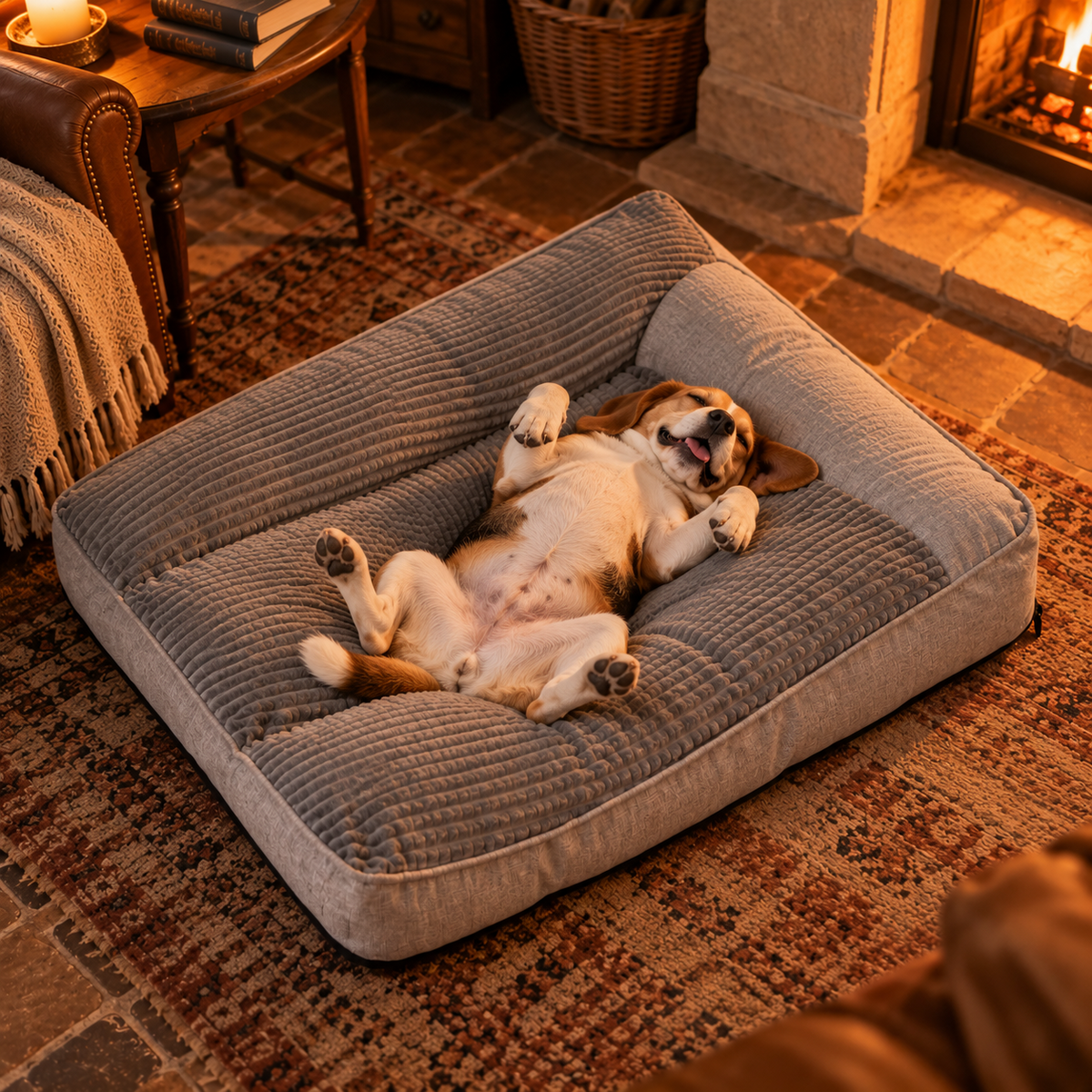 Beagle allongé sur le dos dans un lit orthopédique pour chien gris GOODNIGHT