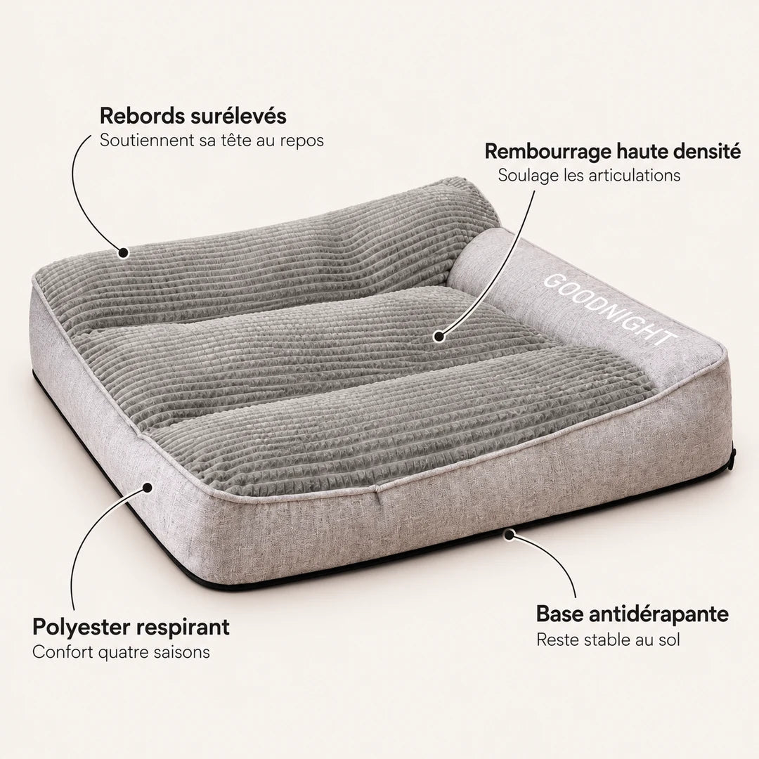 Lit orthopédique pour chien gris GOODNIGHT, rebords surélevés et base antidérapante