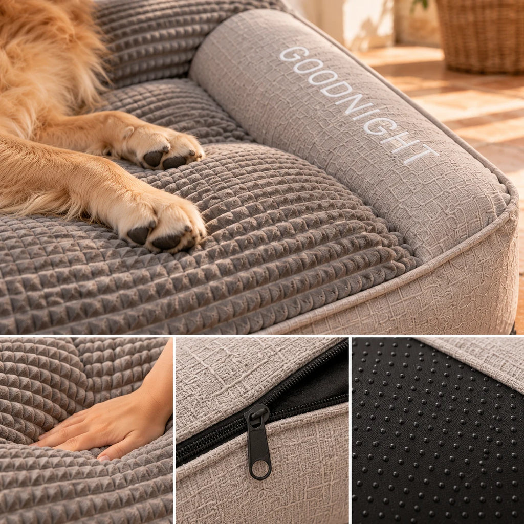Détails du lit orthopédique pour chien gris GOODNIGHT, tissu côtelé, zip et base antidérapante