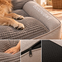 Détails du lit orthopédique pour chien gris GOODNIGHT, tissu côtelé, zip et base antidérapante