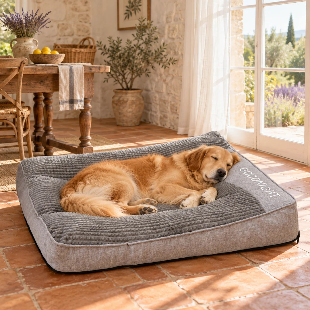 Golden Retriever endormi dans un lit orthopédique pour chien gris GOODNIGHT