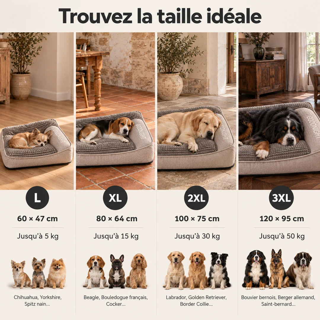 Guide des tailles du lit orthopédique pour chien gris GOODNIGHT, de L à 3XL