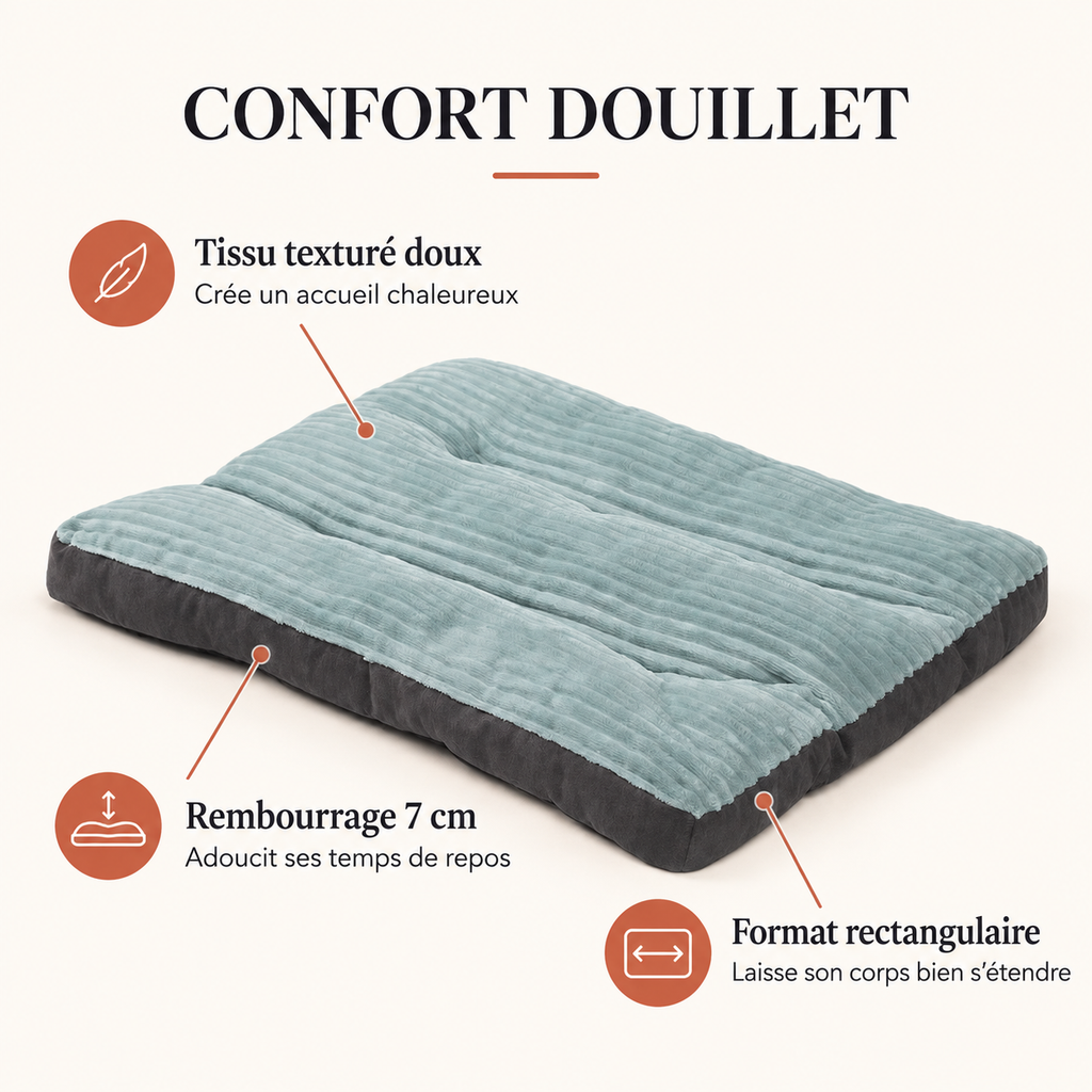Matelas chien vert sauge avec tissu doux, rembourrage épais et format rectangulaire