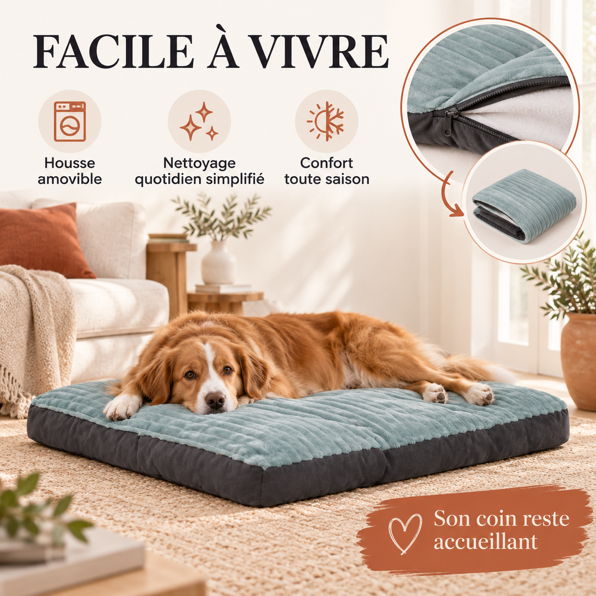 Chien allongé sur le matelas vert sauge déhoussable dans un salon