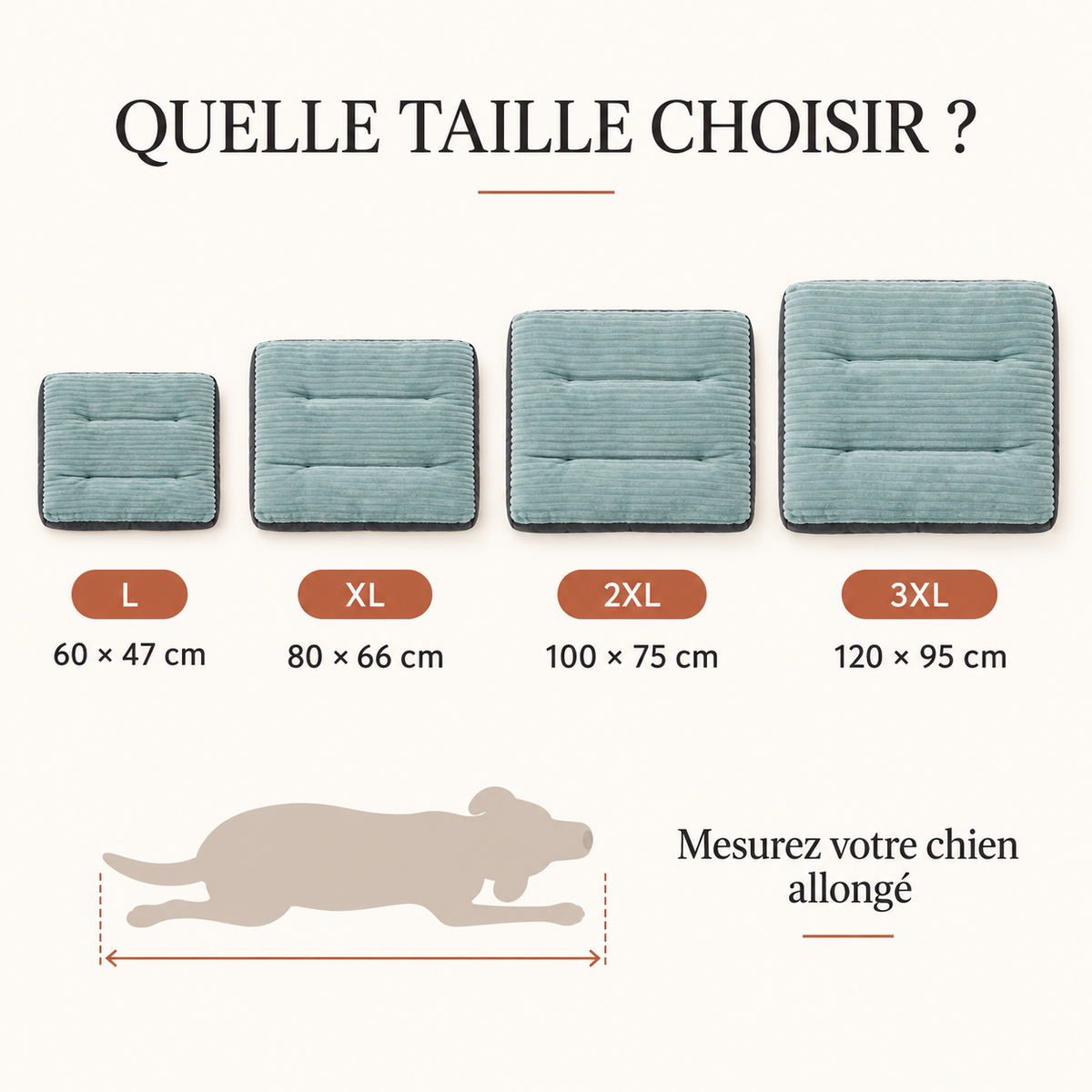 Guide des dimensions du matelas chien douillet vert sauge