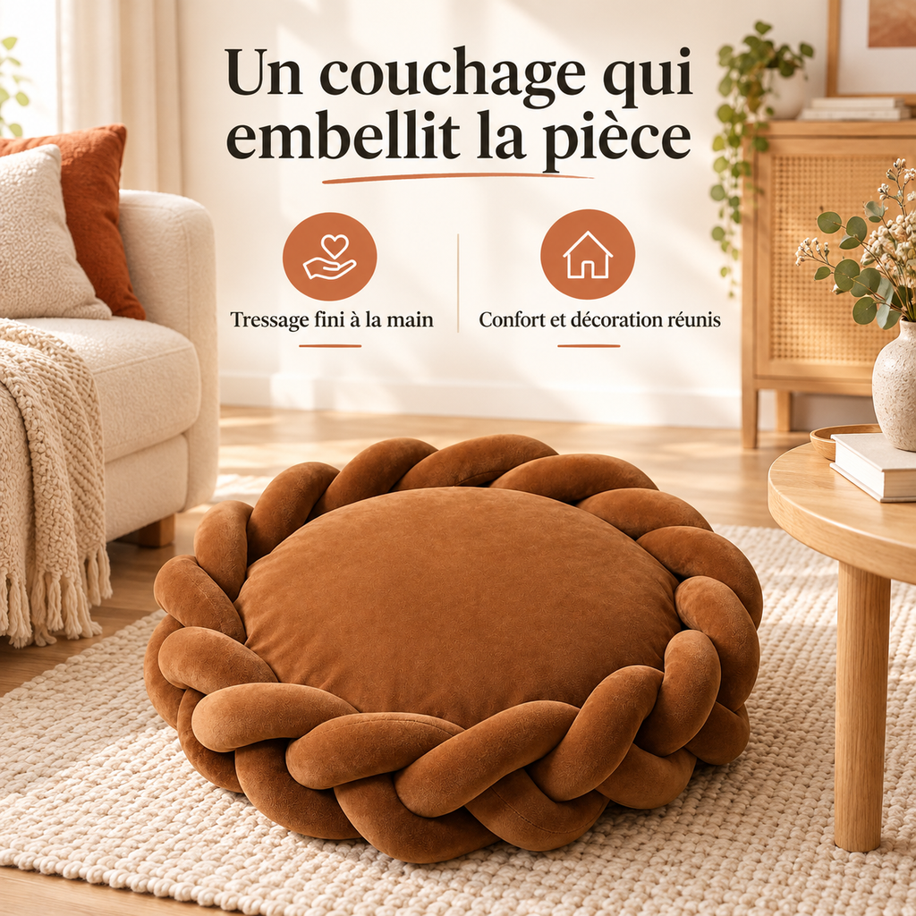 Panier chien tressé caramel intégré dans un salon