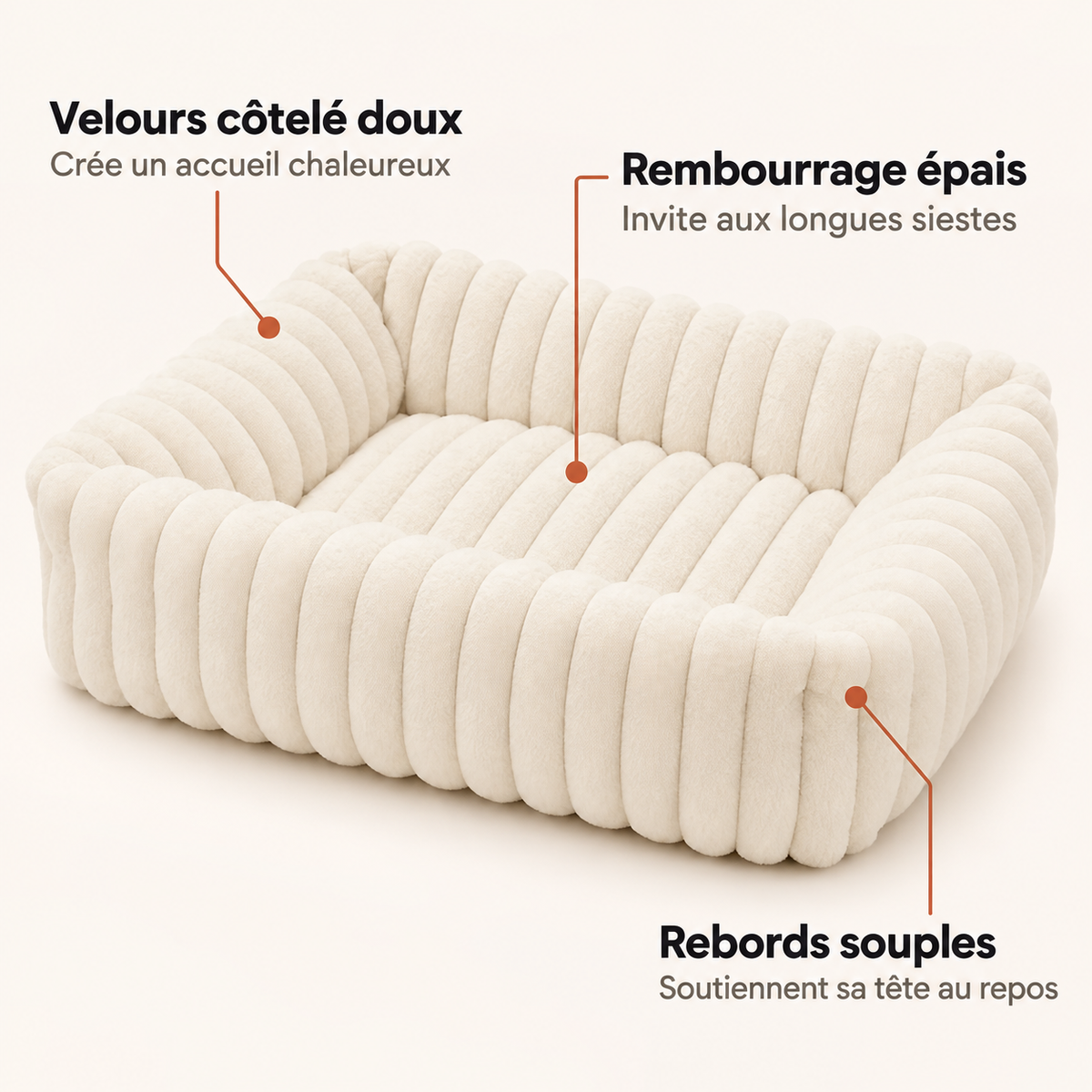Panier chien en velours côtelé crème avec rembourrage épais et rebords souples