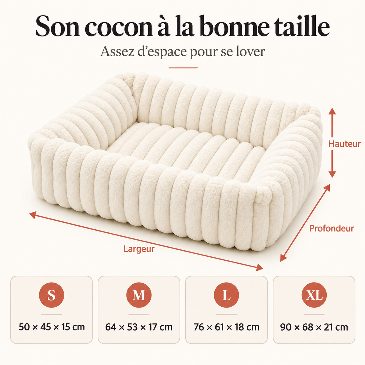 Guide des dimensions du panier chien en velours côtelé