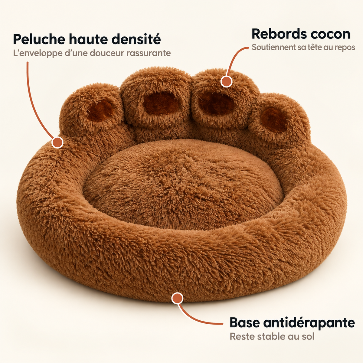 Panier chien cocooning rond avec peluche douce, rebords cocon et base antidérapante