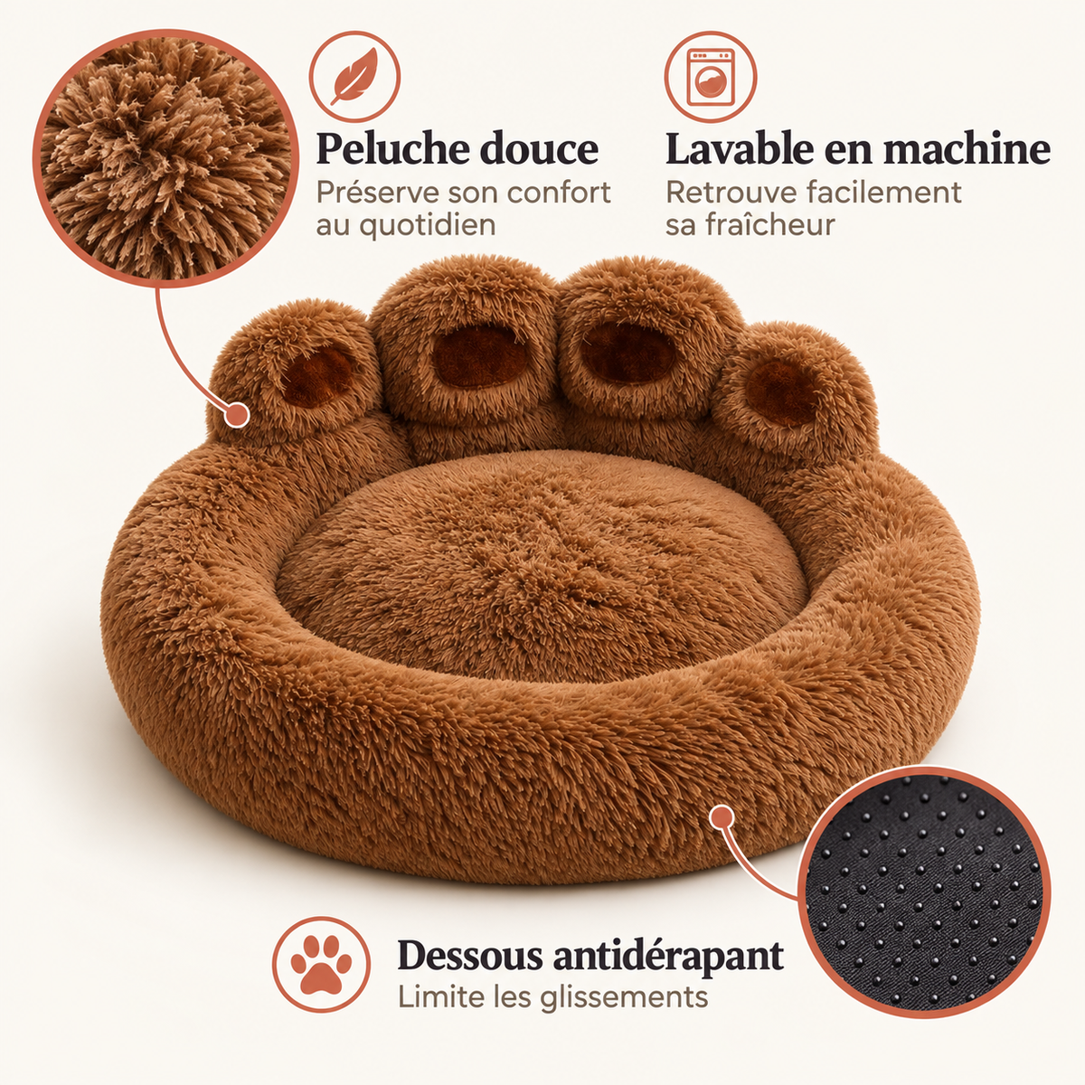 Panier chien cocooning rond lavable avec peluche douce et dessous antidérapant