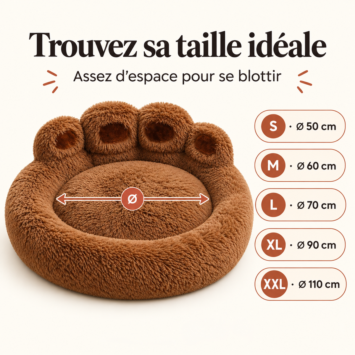 Guide des tailles du panier chien cocooning rond de 50 à 110 cm
