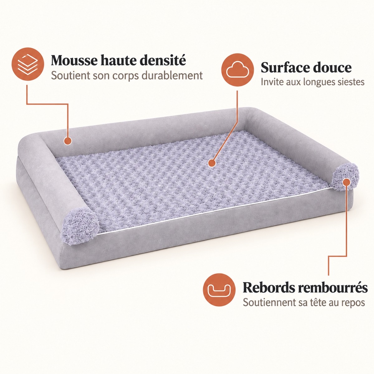 Panier chien gris en mousse haute densité avec surface douce et rebords rembourrés