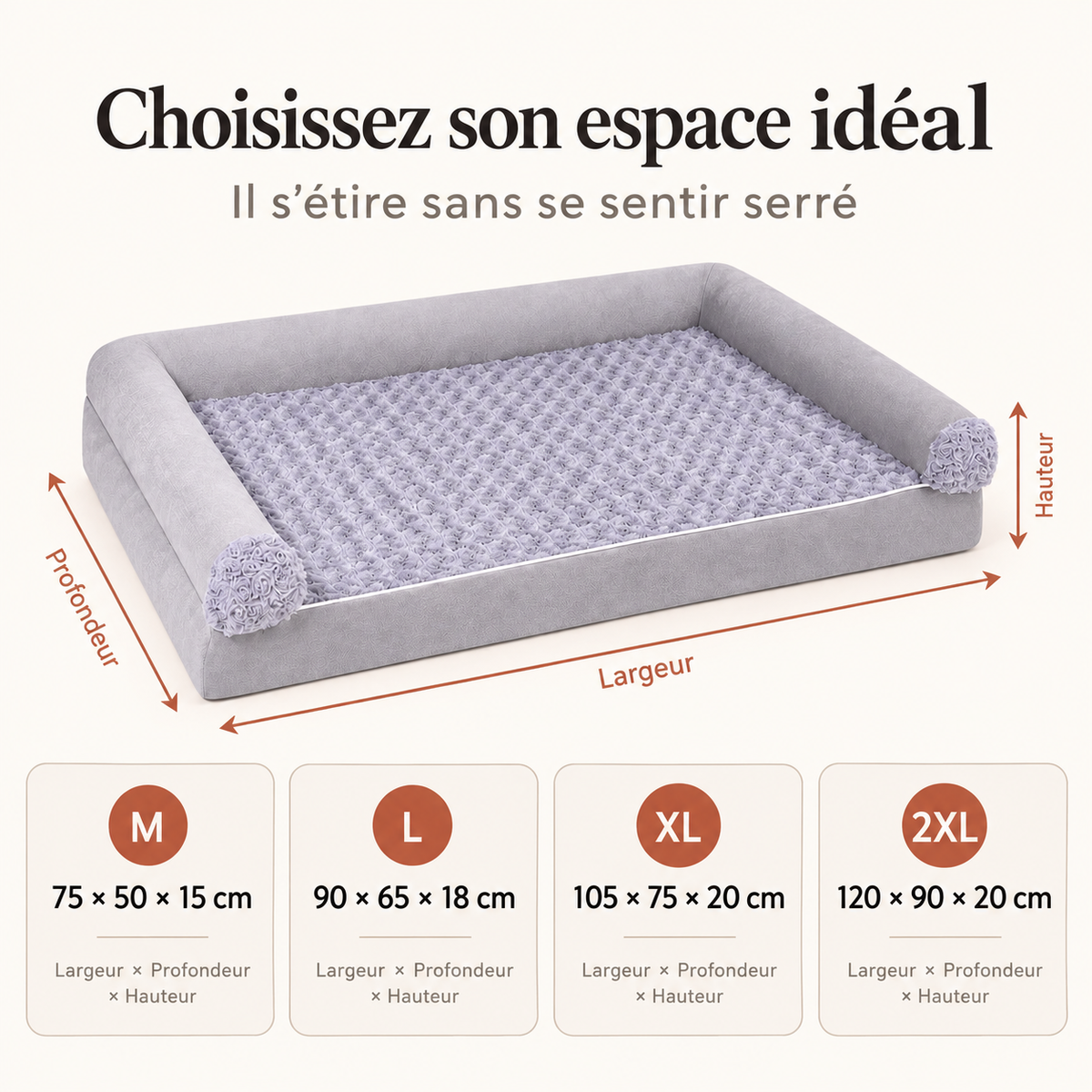 Guide des tailles du panier chien en mousse haute densité